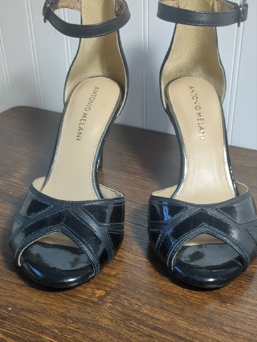 Antonio Melani Black Patent Leather Art Deco Peep Toe Ankle Strap Heels, SZ 6